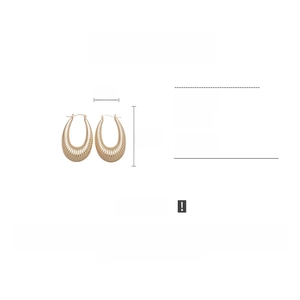 Detail of ribbed gold oval hoop earrings showing iron material and dimensions of 3cm by 4.5cm