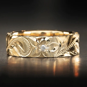 Hawaiian Style Floral Relief Band Ring Gold Plated Copper With Cubic Zirconia Embossed Flower Design For Women