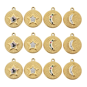 Vintage stainless steel round pendants with star and moon motifs for DIY jewelry making