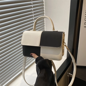 Women Color Block Handbag PU Leather Small Square Crossbody Bag With Top Handle And Adjustable Strap Fashion Chic