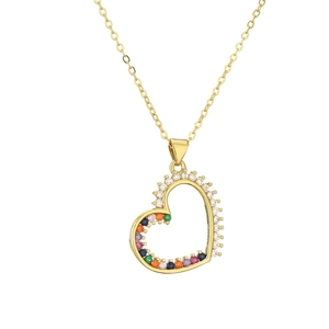 Elegant gold heart necklace featuring sparkling clear and colorful zircon pavé stones