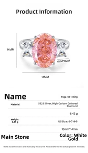 Detailed size chart of S925 silver ring with 10x14mm pink oval center stone and white side stones