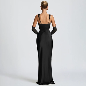 Elegant back view of black satin evening dress with matching gloves and a slim-fit silhouette