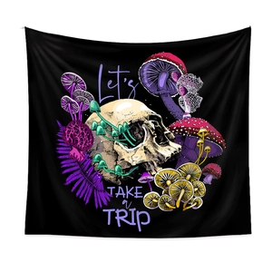 Close-up of skeleton and colorful mushroom tapestry with Let's TAKE a TRIP text detail