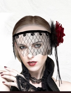 Close-up of Gothic red rose headpiece with black mesh veil and beaded tassels
