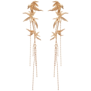 Golden bamboo leaf tassel drop earrings with elegant metallic fringe in long style