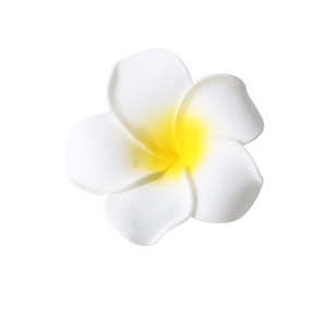 Realistic white and yellow plumeria hair clip for beach vacation hairstyles