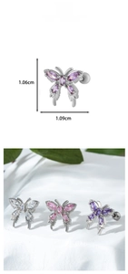 Vue détaillée de boucles d'oreilles papillon en zircone avec dimensions en rose et clair