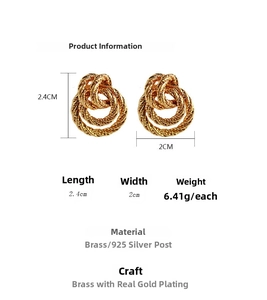 Detail of vintage gold twisted earrings showing measurements and brass material specs