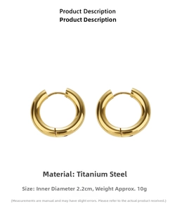 Detail view of 22mm gold titanium steel hoop earrings with weight and size info