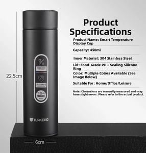 Detail view of black 450ml smart vacuum flask with 304 stainless steel and size specs