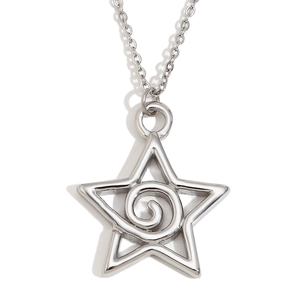 Polished silver star pendant necklace with internal spiral design on a white background