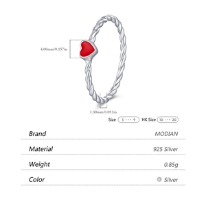 S925 sterling silver twisted rope ring with red enamel heart detail and product dimensions