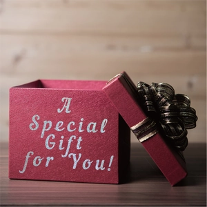 Detail of red square gift box with gold-black ribbon and textured paper finish