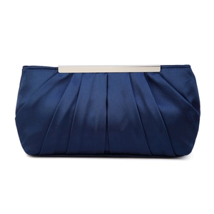 Detail of elegant navy blue pleated satin fabric with sleek silver metal frame