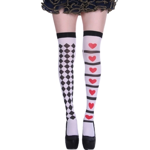 Asymmetric Halloween over-knee socks with black white checkerboard and red heart stripes