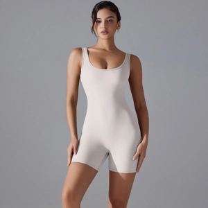 Close-up of seamless V-back romper with body-con fit and premium elastic fabric