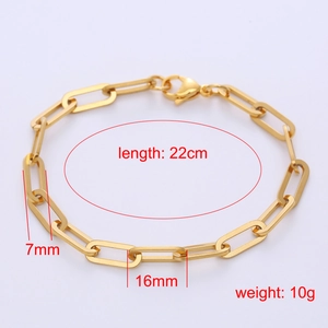 Detail view of 7mm wide gold-plated paperclip chain bracelet showing 16mm link size