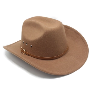 Detail of camel wool felt western cowboy hat with decorative brown belt and metal buckle