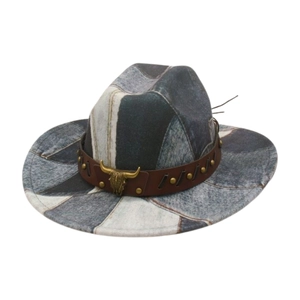 Western patchwork denim fedora hat with brown leather band and bull head metal buckle