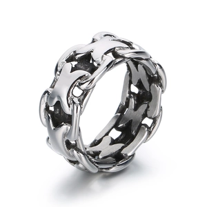 Polished silver stainless steel X-shaped hollow ring for men in trendy punk style