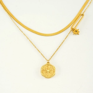 Double-layer gold stainless steel necklace with snake chain and compass star pendant