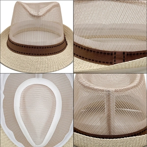 Breathable summer jazz hat with brown mesh crown and beige straw brim for sun protection