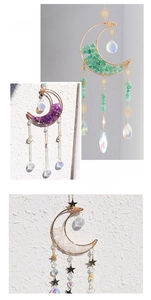 Three crystal moon wind chime pendants with amethyst and colored stones for home decor