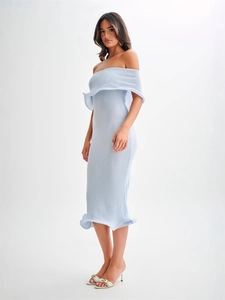 Slim fit off-shoulder light blue knitted midi dress for women with ruffle hem detail