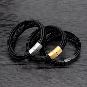 Three-layer braided black leather bracelets for men with gold, silver and black magnetic clasps