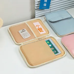 Vertical multi-compartment tablet sleeve with snap button in beige, blue and pink