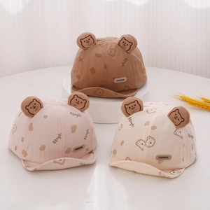 Cute baby bear ear sun hat in beige pink and brown with bear prints for infants