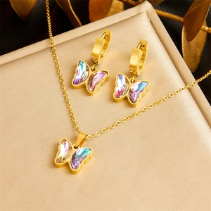Butterfly Pendant Necklace And Hoop Earrings Stainless Steel Jewelry With Gradient Rhinestone For Women Sweet Fashion Style