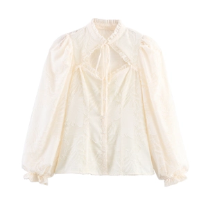 Women French Retro Long Sleeve Blouse Polyester Jacquard Hollow Out Tie Up Ruffle Stand Collar Artificial Pearl Button Off White Top