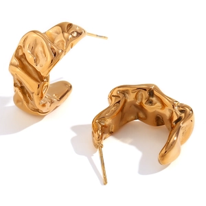 French style 18K gold plated stainless steel moon earrings with irregular lava texture
