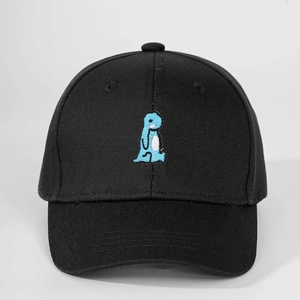 Classic black cotton baseball cap with cute blue dinosaur embroidery for men and women