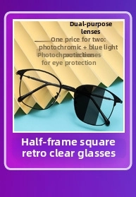 Macro shot of retro square half-frame glasses featuring anti-blue light photochromic lenses