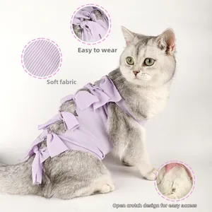 Detail view of purple striped cat recovery suit with ribbon ties and excretion opening