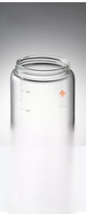 Detail of high borosilicate glass oil bottle with clear scale markings and heat resistance