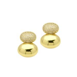Detail of gold gourd earrings featuring shimmering zircons and a high-polish finish