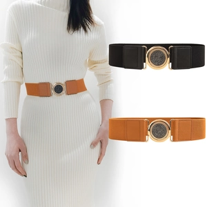 Women Elastic Waist Belt Fashion PU Leather Wide Corset Round Metal Buckle Dress Coat Versatile Accessory Black Camel