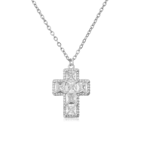 Detail of silver cross necklace with pavé set crystals and square cut center stones