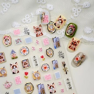 Cute Japanese style cat nail art stickers featuring vintage illustration designs