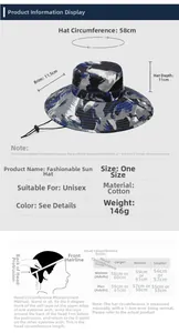 Detailed size chart for camouflage outdoor sun hat with 11.5cm wide brim and 58cm circumference