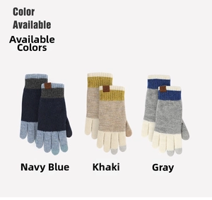 Knitted wool touchscreen gloves in gradient color blocks and faux leather labels