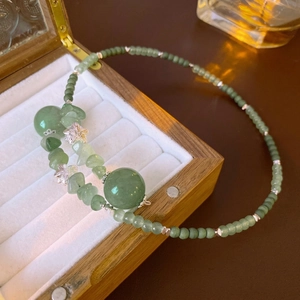 New Chinese beaded necklace with green jade stones and silver lotus flower charms