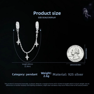 Detailed size chart for S925 sterling silver star pendant safety chain with measurements