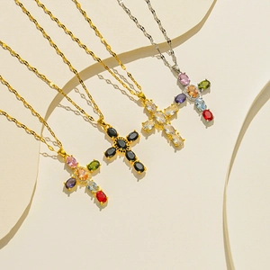 Minimalist vintage cross necklaces with micro-paved zircons in gold and silver finishes