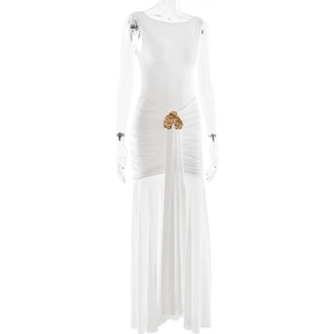Detail of waist pleats and gold petal buckle on a white sleeveless maxi dress