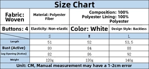 Size chart for V-neck halter top detailing polyester fabric and measurements in cm